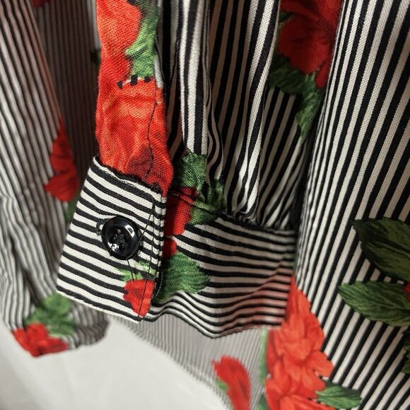 Retrolicious Blouse Womens M Rose Print Black White Stripe Tie Neck Secretary - Picture 4 of 8